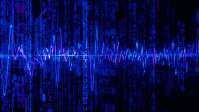 Abstract Data Stream with Blue Audio Waveform Overlay