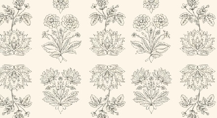 Floral pattern design with symmetrical arrangement of botanical elements.