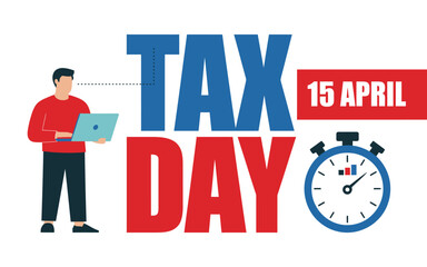Tax Day Deadline Illustration – April 15 Filing Reminder with Laptop User & Stopwatch Graphic.