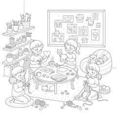 Obraz premium Creative Kids' Corner: A charming illustration depicts a cozy kids' corner, with kids immersed in various creative activities like crafting and knitting, fostering imagination and artistic expression.