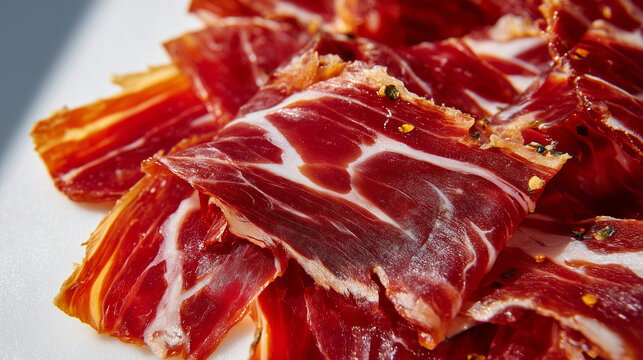 Close-up of dried meat slices arranged neatly on a clean white background, showing deep red tones, textured fibers, and delicate marbling with crisp edges.