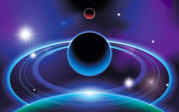 Black planet with blue rings and red moon in starry purple nebula space stars