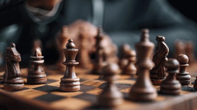 Closeup of Man Moving Chess Piece, Strategic Business Tactics