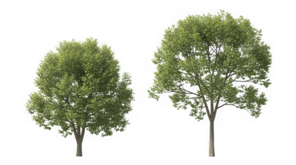 Two vibrant green leaf trees with visible trunks, transparent isolated on transparent background