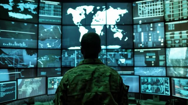 A man in a military centre in front of monitors displaying global maps and data symbolises the tension of modern geopolitics &mdash; a fitting backdrop for news reports on security and technology.
