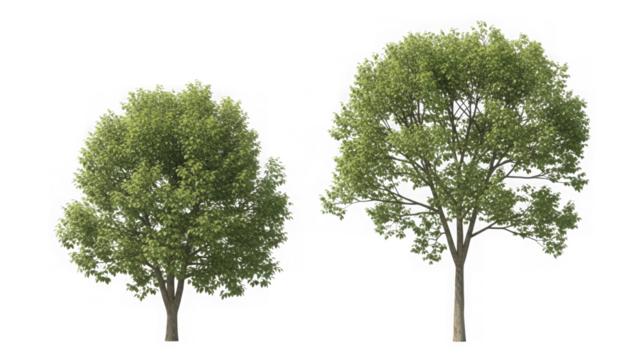 Two vibrant green leaf trees with visible trunks, transparent isolated on transparent background