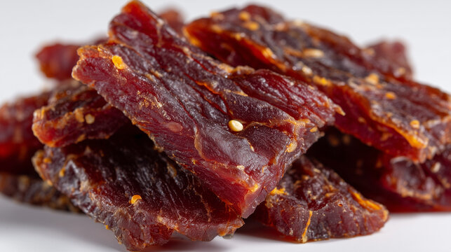 Close-up food photography of thick dried meat pieces, with glossy highlights, deep red-brown coloration, and visible curing marks on a clean white background. - Powered by Adobe
