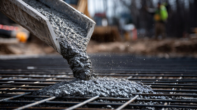 Pouring concrete as thick, wet cement cascades over a precisely aligned grid of rebar, splashing and settling into form, capturing raw power, gritty textures, deep shadows, and the