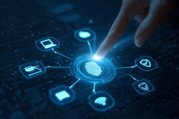 A finger touches biometric security and digital data protection with interconnected icons
