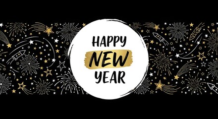 A stylish happy new year greeting card design featuring a white circle with text and a gold brush stroke, set against a black background with star and firework patterns