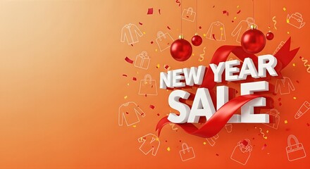 New Year sale promotional graphic featuring bold text, festive decorations, and vibrant colors, capturing the excitement of holiday discounts and seasonal shopping opportunities
