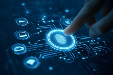 A finger touching a glowing biometric security panel with connected digital protection icons around the display