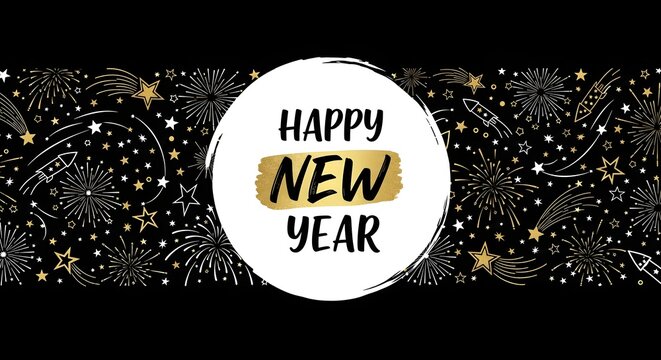 A stylish happy new year greeting card design featuring a white circle with text and a gold brush stroke, set against a black background with star and firework patterns
