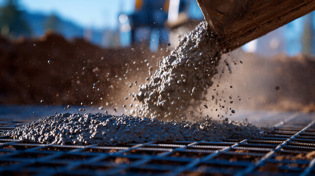 Construction-site close-up of thick concrete pouring over an engineered rebar network, highlighting swirling motion, gritty particles, and the powerful transformation of raw materi