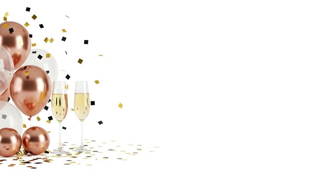 Celebratory toast with champagne glasses and rose gold balloons, confetti falling, isolated on white background, perfect for new years eve or birthday celebration