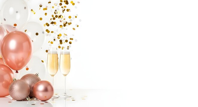 Festive celebration with champagne glasses, rose gold and white balloons, confetti falling, isolated on white background, perfect for new years eve or birthday