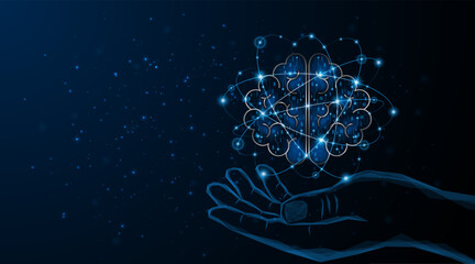 Abstract hand is holding an artificial neural network or artificial intelligence brain. Digital brain science for future learning. modern technology innovation concept background	