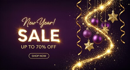 New Year sale banner featuring golden text, purple ornaments, sparkling decorations, and festive ribbons, promoting discounts up to 70 percent off for holiday shopping