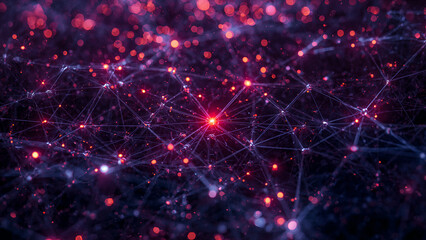 Abstract Glowing Network with Red and Purple Nodes on Dark Background