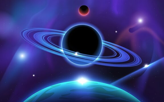 Blue ringed black hole with glowing planets and nebulae space galaxy