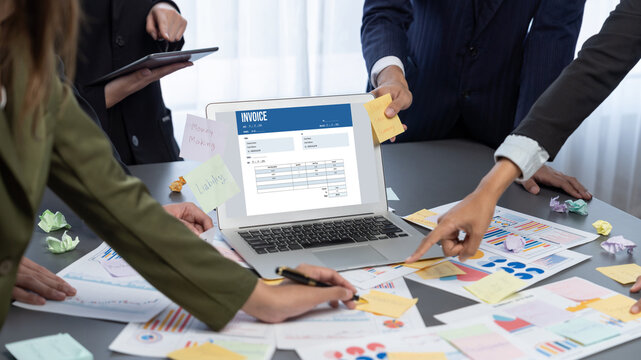 Analyst team use sticky note for creative and analytic brainstorm for business idea with BI data dashboard on laptop screen. Analysis financial data visualization tech for marketing strategy. Prodigy