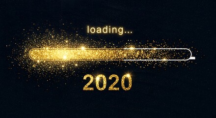 Golden loading bar with glitter and particles, symbolizing progress and anticipation for the year 2020, set against a dark background with sparkling stars