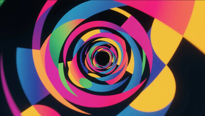 An abstract illustration of a multitude of multicolored geometric elements that twist and direct the viewer's gaze into the center of the composition. Vector graphics. EPS.