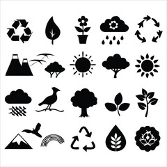 Minimal Nature and Environment  Icon Set Featuring Eco Symbols, Sustainability Elements, Organic Shapes, Wildlife, Climate and Earth Graphics