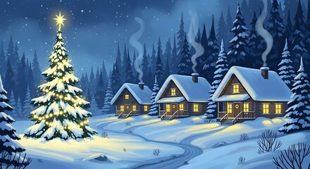 Fototapeta premium Cozy winter village scene with christmas tree and cabins