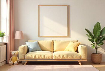 mock up Cozy 3D rendered kids interior with blank poster frame on a clean white background, modular block-style couch, neutral cotton tent with open entrance, smiling plush toys, light oak flooring,