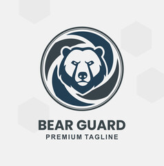 A powerful, stylized head of a bear set against swirling, dynamic dark blue and grey shapes, symbolizing strength, protection, security, and defense.