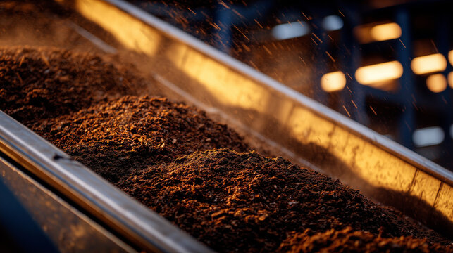 Close-up of crushed rare earth minerals on conveyor belts, illuminated by harsh industrial lighting, capturing dust particles, texture, and raw material movement.