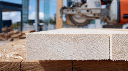 Close-up of freshly cut lumber, square and precise, with visible saw marks on the edges and a soft, creamy wood tone against a minimal background.