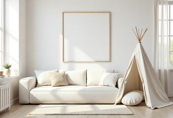 mock up Cozy 3D rendered kids interior with blank poster frame on a clean white background, modular block-style couch, neutral cotton tent with open entrance, smiling plush toys, light oak flooring,