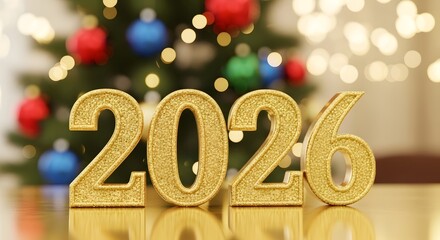 Golden 2026 numbers with christmas tree and lights background