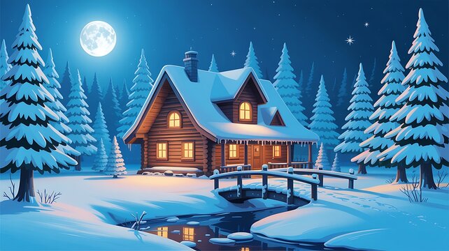 Cozy log cabin in snowy forest under full moon winter