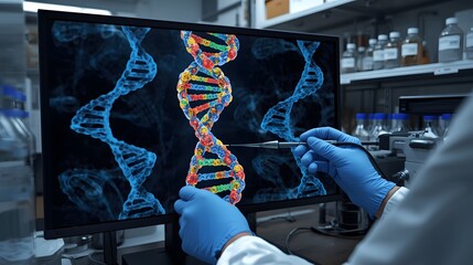 A colorful genetic diagram displayed on a laboratory computer monitor while a scientist observes the detailed molecular formation