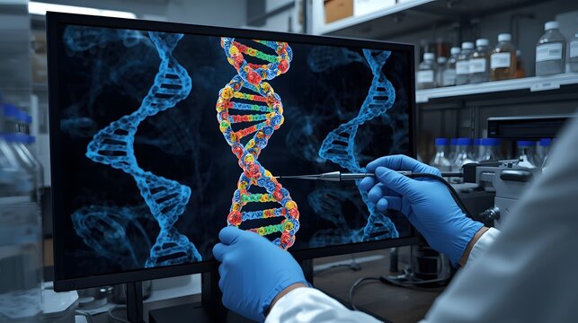 A colorful genetic diagram displayed on a laboratory computer monitor while a scientist observes the detailed molecular formation