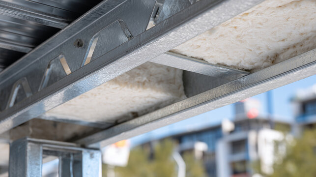 High-contrast close-up of a steel framework with foam-core insulation panels inserted between the beams, textures of metal and insulation highlighted under bright site lighting.