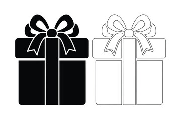 Two stylized gift boxes with bows one black and one white outline