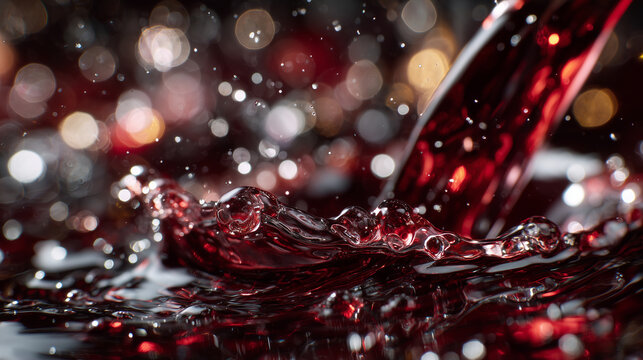 Artistic macro view of red wine droplets, splashing over a glass rim, tiny sparkling highlights and reflections conveying elegance and vitality.