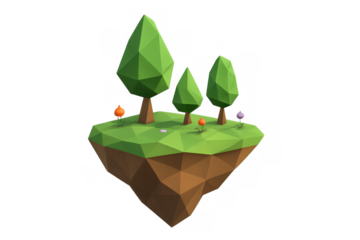 Low poly floating island with green trees and small flowers, stylized 3d landmass concept on transparent background