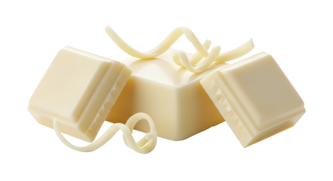 Three cubes of white chocolate with shavings isolated on transparent background