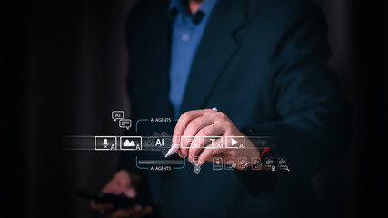 Businessman using stylus pen selecting digital AI Agents on virtual menu. Generative artificial intelligence technology for image, video, audio and text content creation concept.