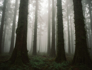 Naklejka premium Ancient temperate forest shrouded in dense fog, mossy trees, and diffused light.