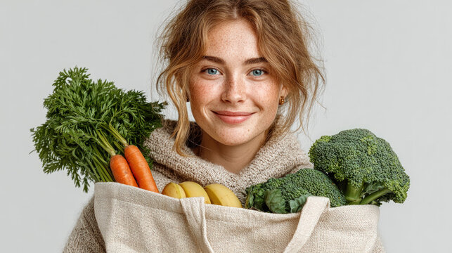 Smiling young woman holding reusable bag full of fresh organic vegetables including broccoli, carrots, and bananas, promoting healthy eating and sustainable lifestyle.
