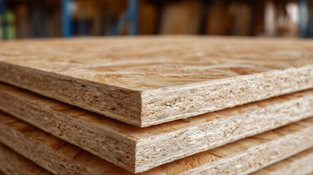 High-detail close-up of stacked plywood, smooth top surfaces contrasting with rough cut edges, industrial ambient lighting casting soft shadows between layers.