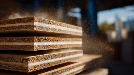 Macro composition of plywood stack, each sheetâs laminated layers visible, dust particles floating in soft beams of industrial light, emphasizing material quality.