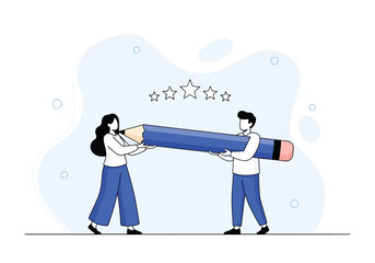 Teamwork and collaboration holding giant pencil for creativity and ideas - Flat Vector Illustration, icon. Editable stroke. Colored vector illustration