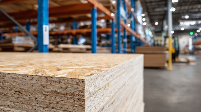 Side-angle close-up of stacked plywood, showing layered cross-section, subtle wood knots, and natural patterns, framed by industrial shelving in the background.